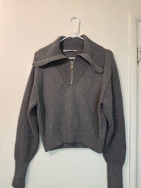 Zara Gray Quarter-Zip Oversized Ribbed Knit Pullover Sweater Size Large